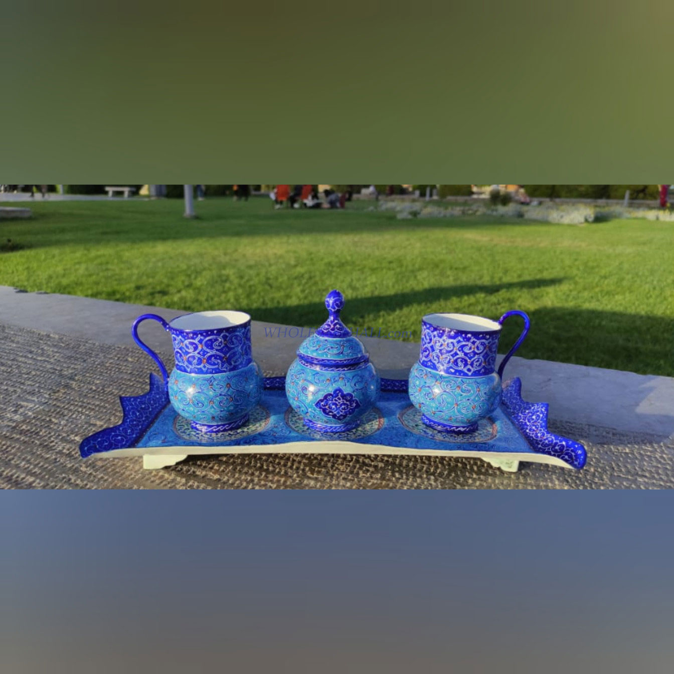 خرید عمده ست چایی خوری دو نفره با سینی مستطیل مینا کاری شده
