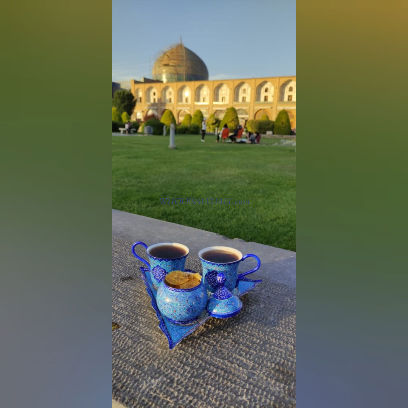 خرید عمده ست چایی خوری دو نفره با سینی مثلثی مینا کاری شده 