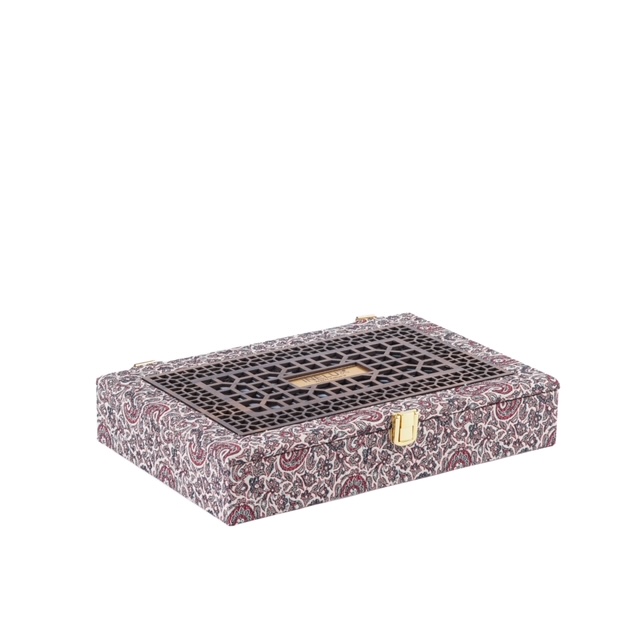 خرید عمده جعبه پذیرایی ترمه طرح دار از جنس ترمه و چوب با ابعاد 28 در 19 در 5 سانتی متر