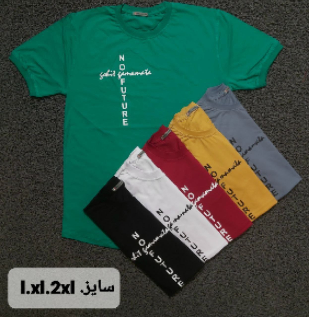 خرید عمده تیشرت سایز L,XL,2XL جنس پنبه سوپر طرح NO FUTURE دارای رنگ بندی