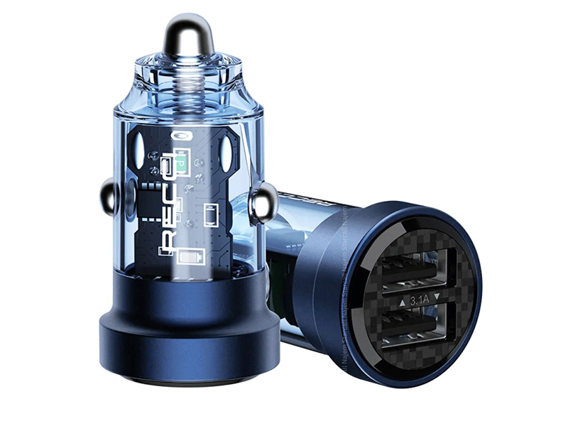 خرید عمده شارژر فندکی یو اس بی 15.5 وات رسی Recci 15.5W Dual Ports Car Charger Transparent Design RCC-N16