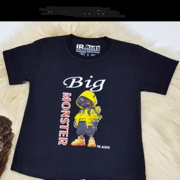 خرید عمده تیشرت مشکی پسرانه طرح monster تک رنگ در 2 سایز 