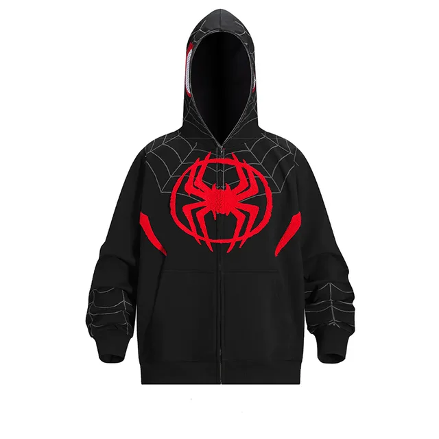 خرید عمده هودی کتان مردانه زیپ دار آستین کشباف با طرح spider web
