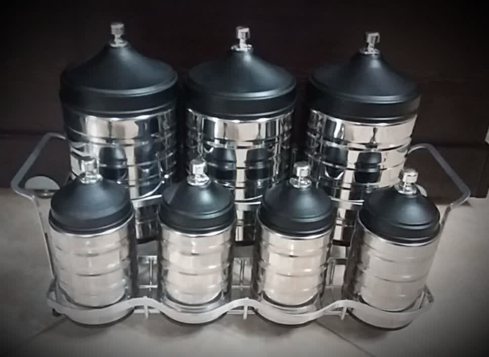 خرید عمده سرویس 8 پارچه پا سماوری استیل شیاردار با استند استیل