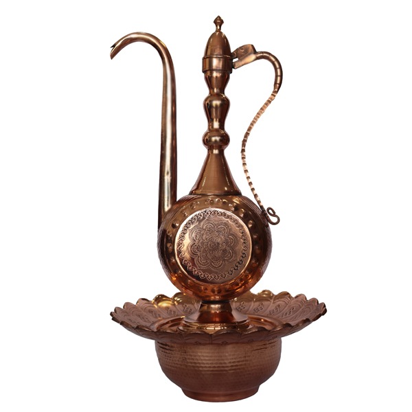 خرید عمده آفتابه لگن طرح دار مسی سایز 52*28*28 برند صبا مس