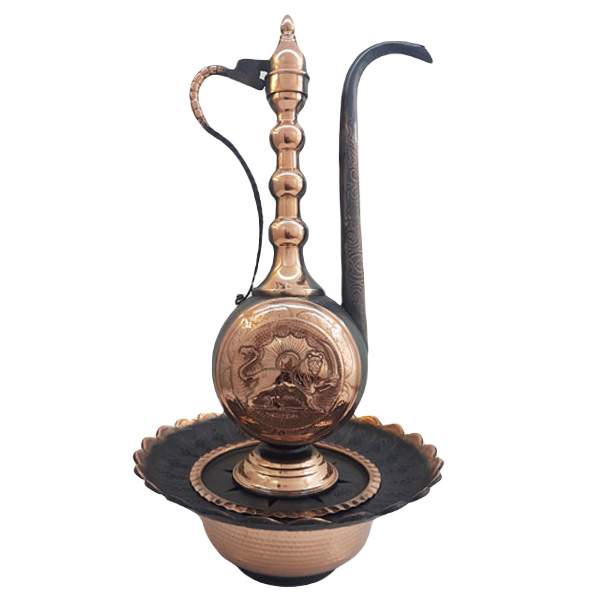 خرید عمده آفتابه لگن مسی طرح شیر و خورشید قلم زنی مشکی  سایز 50*28*28 برند صبا مس