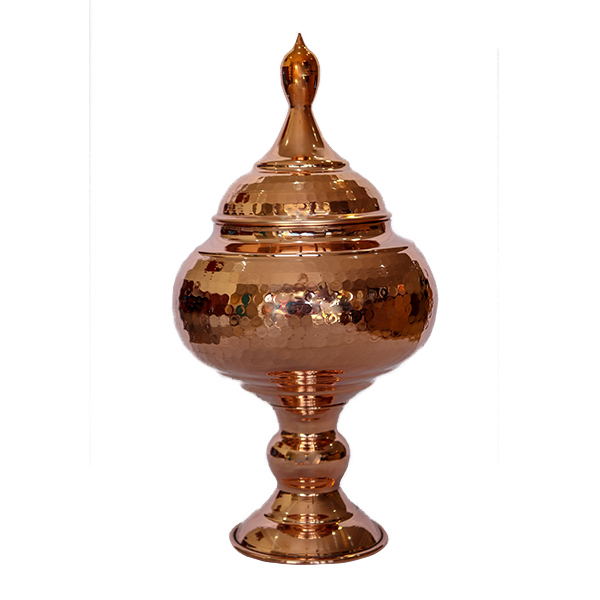 خرید عمده قندان مسی گنبدی پایه دار کد ZH213.1 سایز 22*8*8 برند صبا مس
