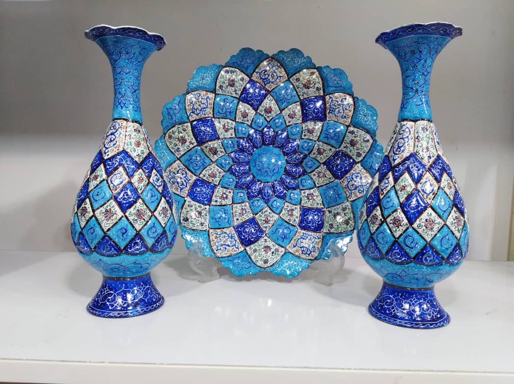 خرید عمده ست بشقاب سایز 30 و گلدان سایز 25 مینا کاری 